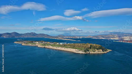 Aerial drone photo of Attica's latest technology sewage plant small island of Psitaleia, Perama, Greece