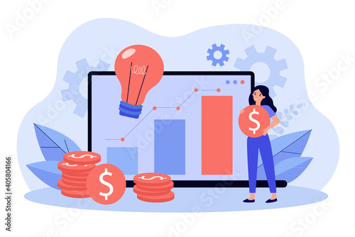 Positive tiny woman investing in startups online via laptop isolated flat vector illustration. Cartoon character trading on global market. Finance service and digital technology concept