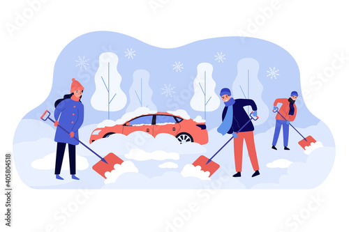 Positive people cleaning backyard area after snowy storm flat vector illustration. Cartoon men and woman removing snow from buried car. Winter activities and season concept