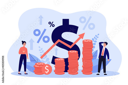 Tiny people standing near piles of coins with growth arrow flat vector illustration. Cartoon metaphor of price increase process in percentage. Economy and money value recession concept