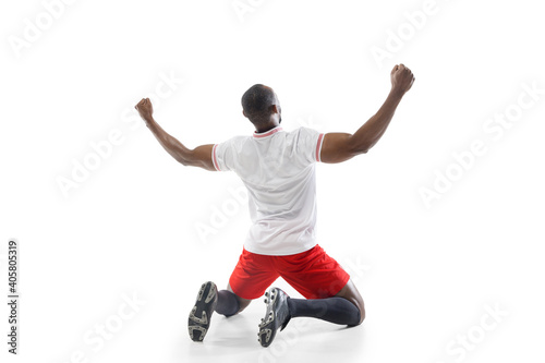 Highly upset, nervous. Funny emotions of professional football, soccer player isolated on white studio background. Excitement in game, human emotions, facial expression and passion with sport concept.