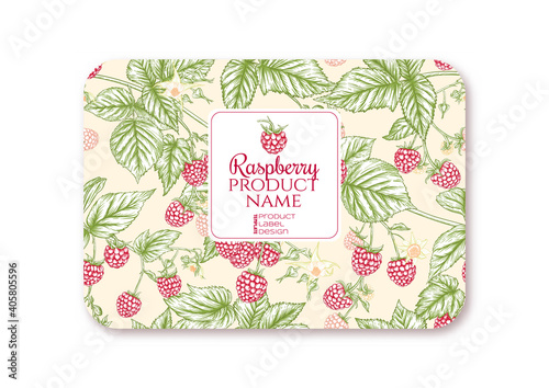 Raspberry. Ripe berries on branch. Template for product label, cosmetic packaging. Easy to edit. Graphic drawing, engraving style. Vector illustration..