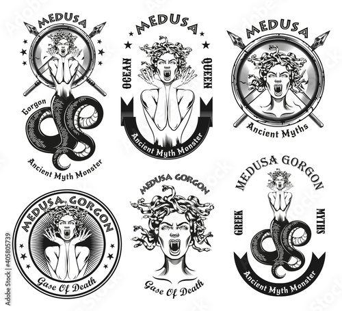 Vintage badges with Medusa Gorgon vector illustration set. Monochrome woman having live snakes for hair. Ancient Greece mythology concept can be used for retro template photo