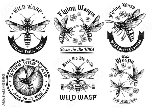 Wild wasps black and white tattoo vector illustration set. Vintage flying wasps. Dangerous insects and fauna concept can be used for retro template, banner or poster