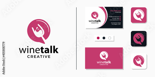 Wine glass with chat sign logo icon and business card design template