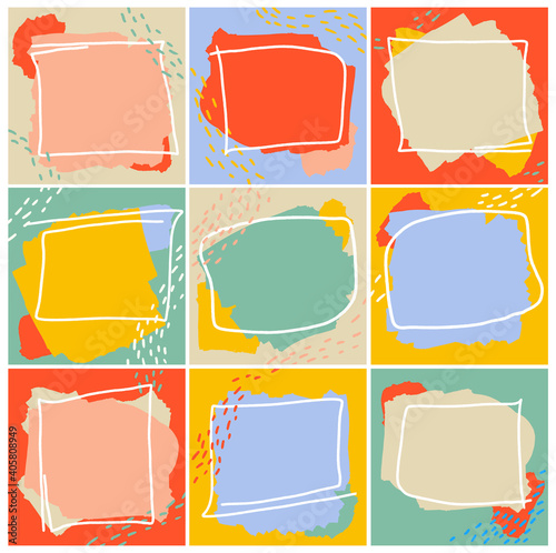 Trendy kids square color templates with doodle geometric elements.For social media posts, mobile apps, banners design and web. backgrounds set. Vector illustration