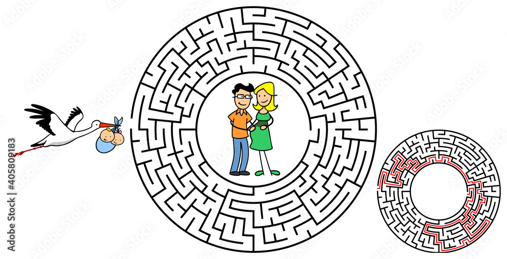 Cartoon Storch bringt Kinder zu Eltern in Kreis Labyrinth als Elternschaft Konzept Cartoon Storch bringt Kinder zu Eltern in Kreis Labyrinth als Elternschaft Konzept