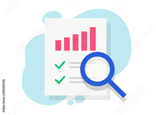Analyzing audit review or business document vector icon flat cartoon, concept of evaluation or assessment sales report research, verification or inspection of results data, strategy control modern