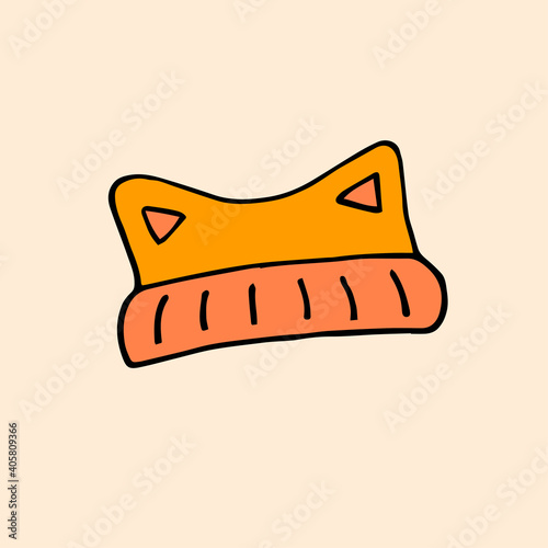 Hat with cat ears. Hat for cold weather. Frost protection in winter. Vector hand-drawn doodle illustration.