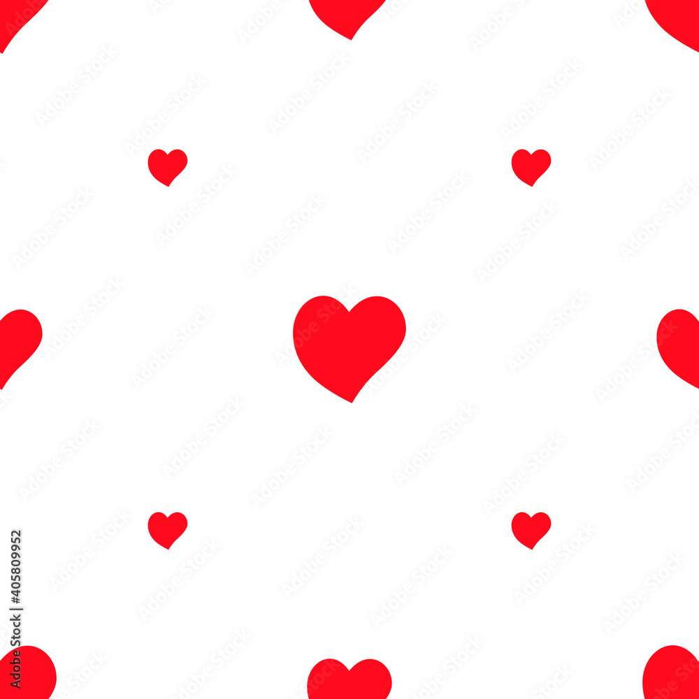 Seamless vector pattern with red hearts of different sizes on a white background. For festive postcards design, packages, wallpapers, decorations and prints
