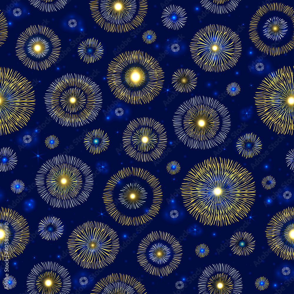 Abstract yellow flowers with glowing light particles and stars on a dark background. Packaging design, cover in floral boho style. Vector Abstract yellow flowers with glowing light particles and stars on a dark background. Packaging design, cover in floral boho style. Vector