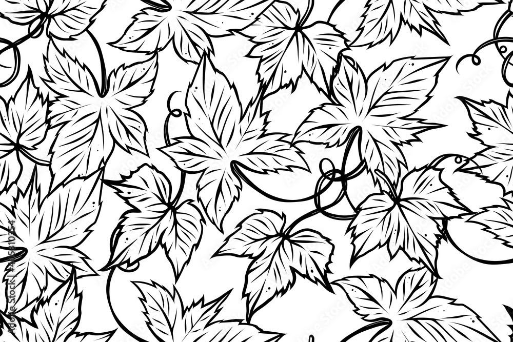 Seamless pattern of grapes leaves, monochrome, vector