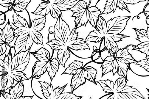 Seamless pattern of grapes leaves, monochrome, vector © Евгения Савченко