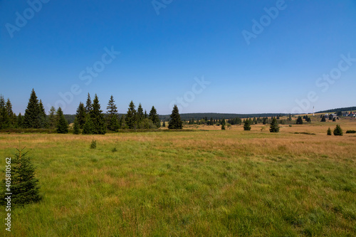 Summer landscape with blue sky. Bozi Dar, Krusne Mountains, Czech Republic.