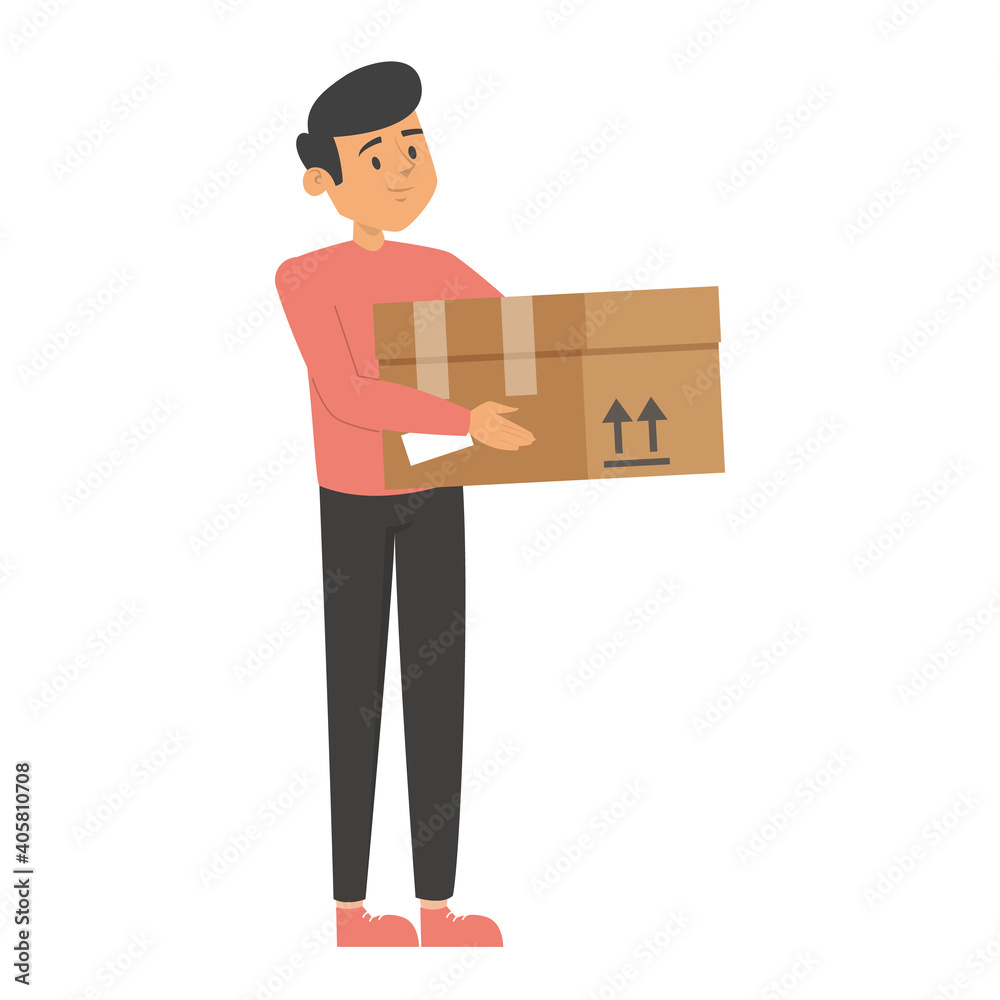 Man holding a box vector isolated. Person working as a courier, delivery service. Brown package, idea of transportation. Man holding a box vector isolated. Person working as a courier, delivery service. Brown package, idea of transportation.