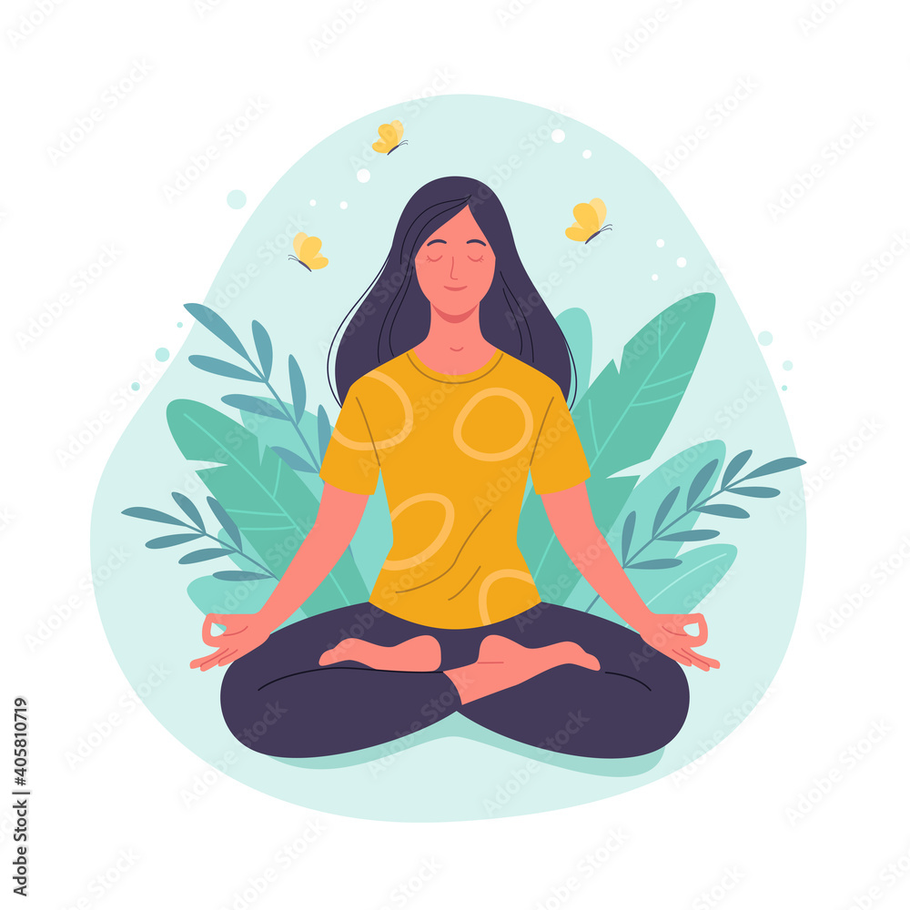Meditating woman. Vector illustration of cartoon young brunette woman in yellow t-shirt sitting in yoga lotus position surrounded by plant leaves