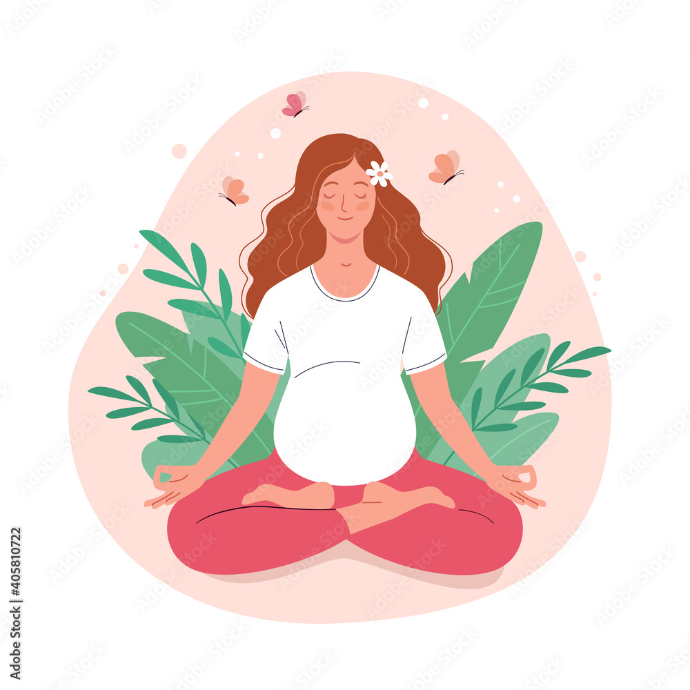 Yoga for pregnant women. Vector illustration of cartoon young pregnant woman in white t-shirt sitting in lotus position surrounded by plant leaves