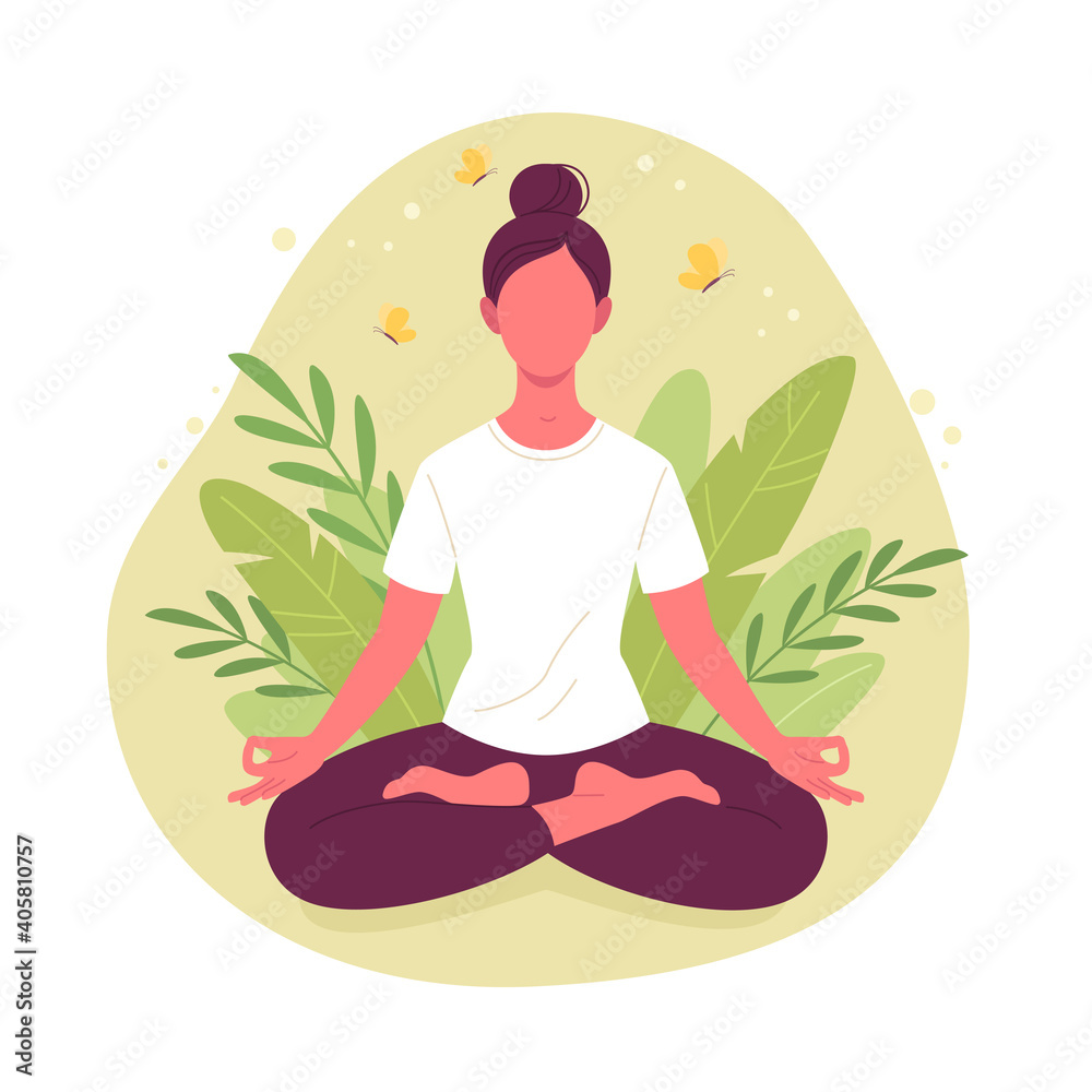 Meditating woman. Vector illustration of cartoon young brunette woman in white t-shirt sitting in yoga lotus position surrounded by plant leaves