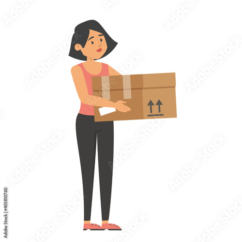 Woman holding a box vector isolated. Person working as a courier, delivery service. Brown package, idea of transportation.