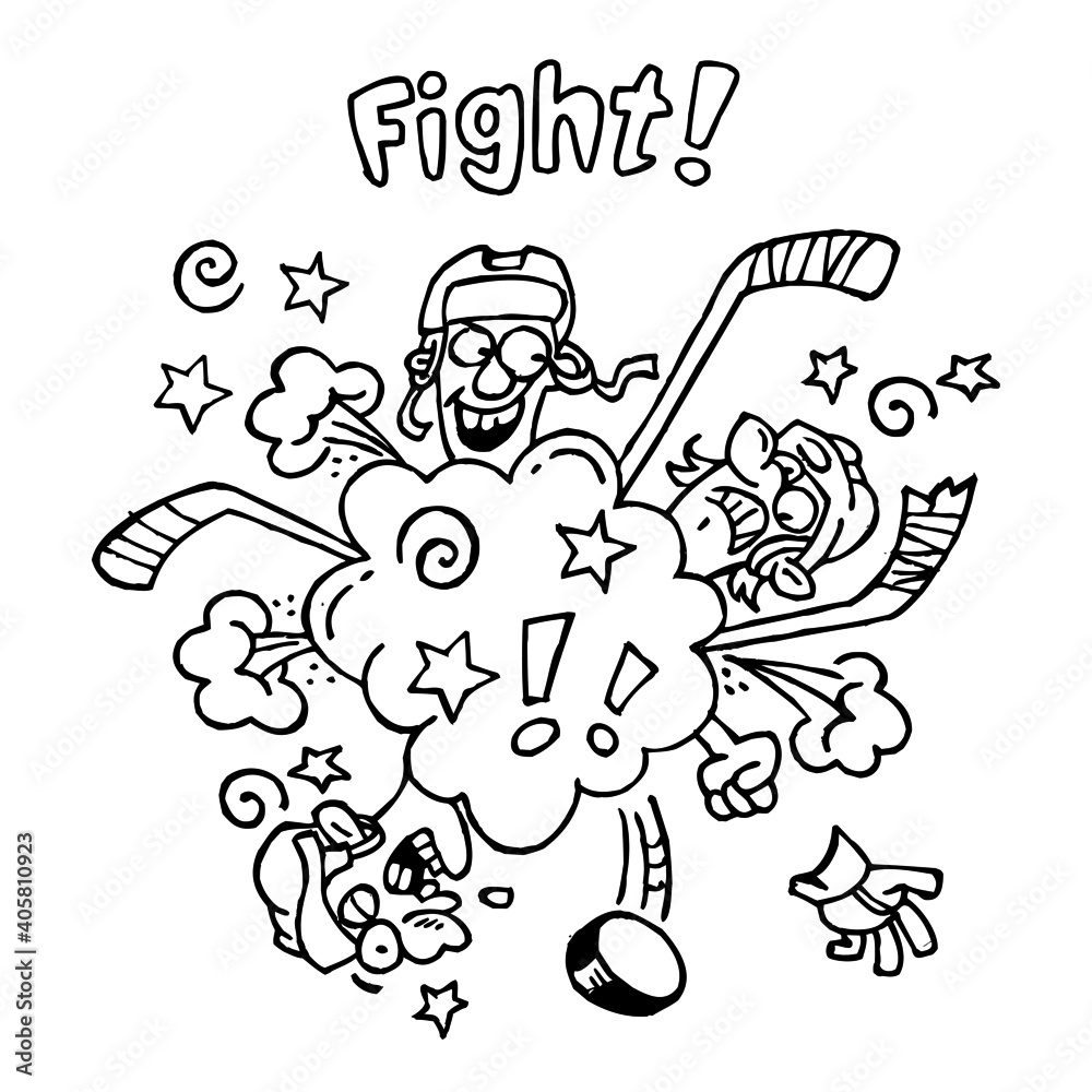 Hockey players fighting with fists and hockey sticks, they are rude and foul, text fight, winter sport, black and white cartoon