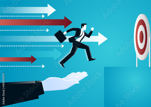 vector illustration of giant hand helping a businessman to jump to get the target. business concept illustration