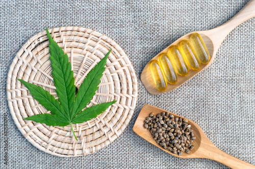 Green marijuana leaf The pills in the wooden spoon brown background The concept of extracting cannabis leaves as a therapeutic oil in natural herbal medicine. Alternative medicine has a text area.