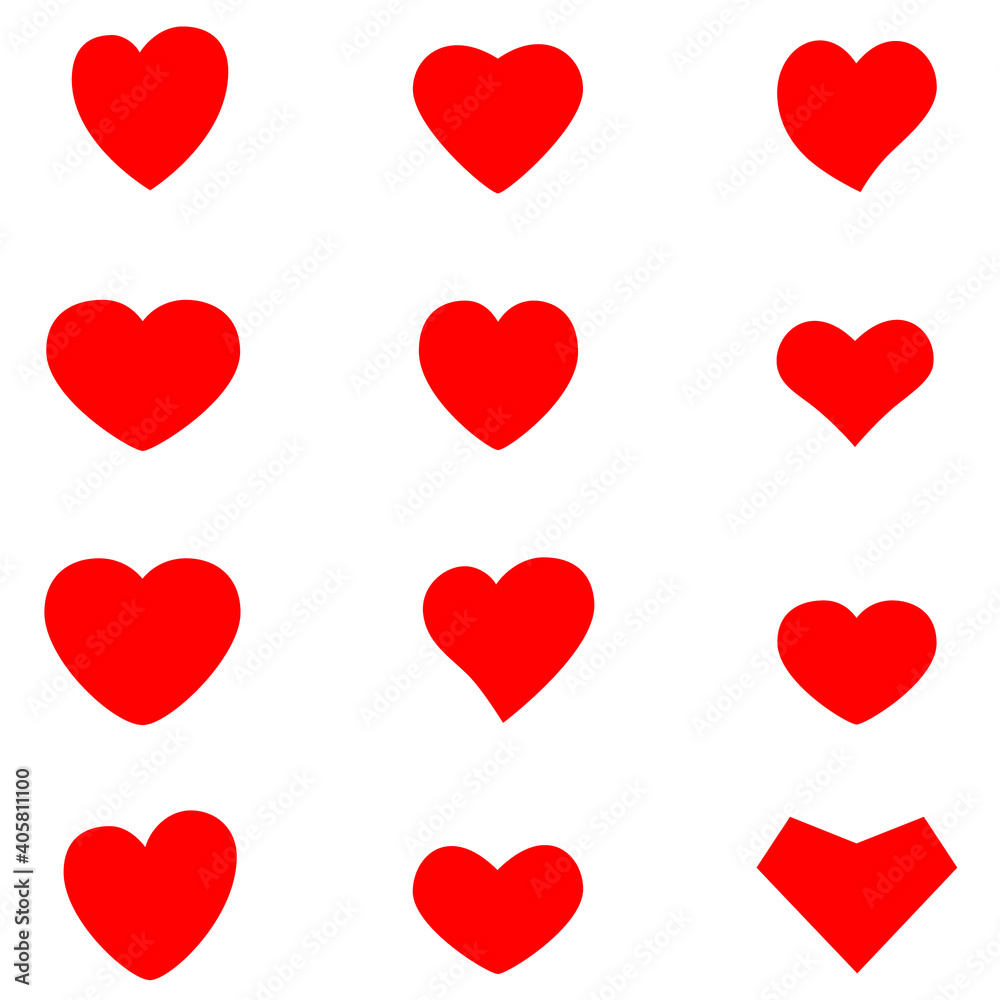 Vector set with red hearts on a white background. Different shaped hearts. For festive postcards design, icons, avatars, packages, wallpapers, decorations, stickers and print Vector set with red hearts on a white background. Different shaped hearts. For festive postcards design, icons, avatars, packages, wallpapers, decorations, stickers and print