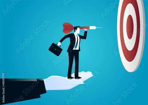 vector illustration of giant hand helping businessman throwing a dart to target board. describe challenge and target business. business concept illustration