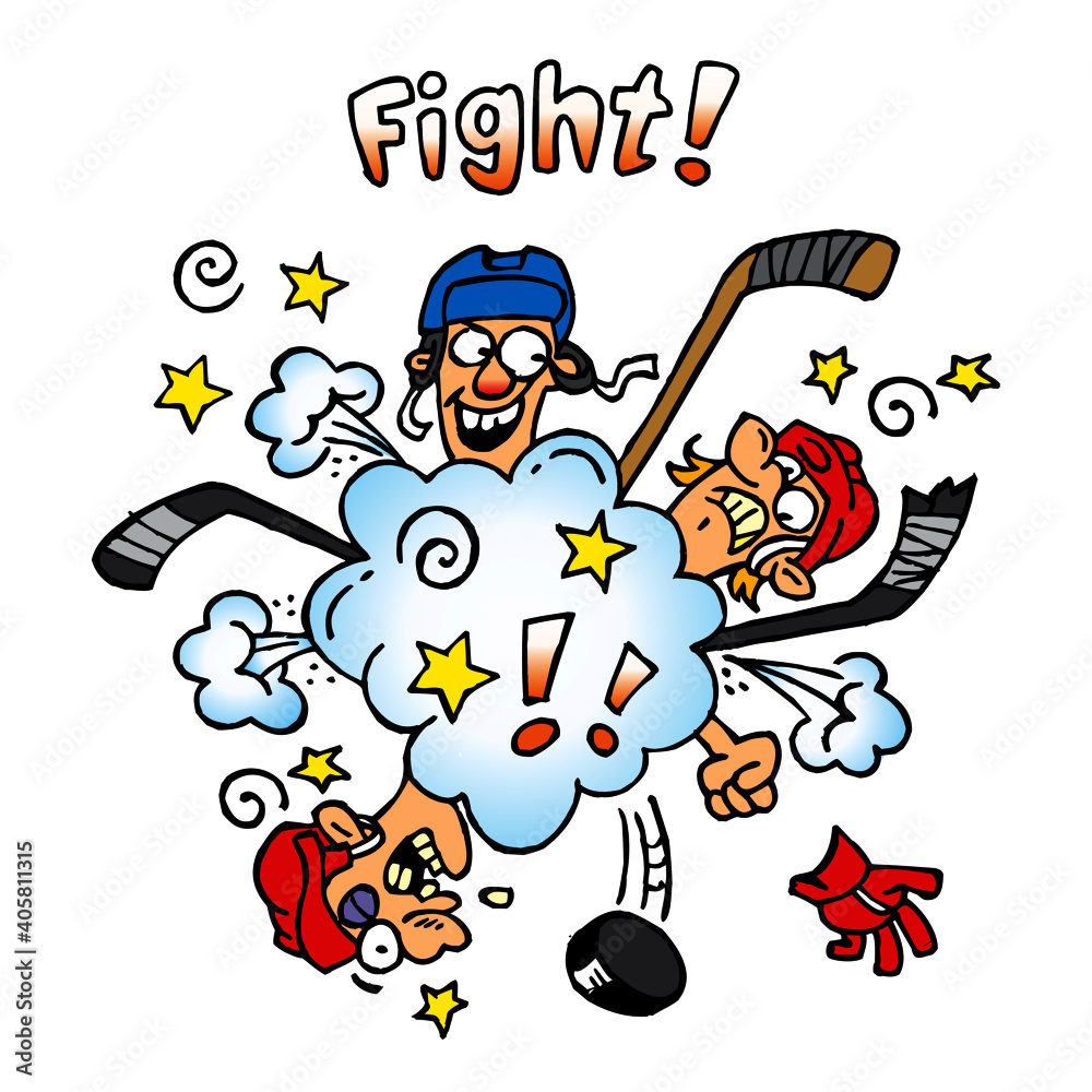 Hockey players fighting with fists and hockey sticks, they are rude and foul, text fight, winter sport, color cartoon