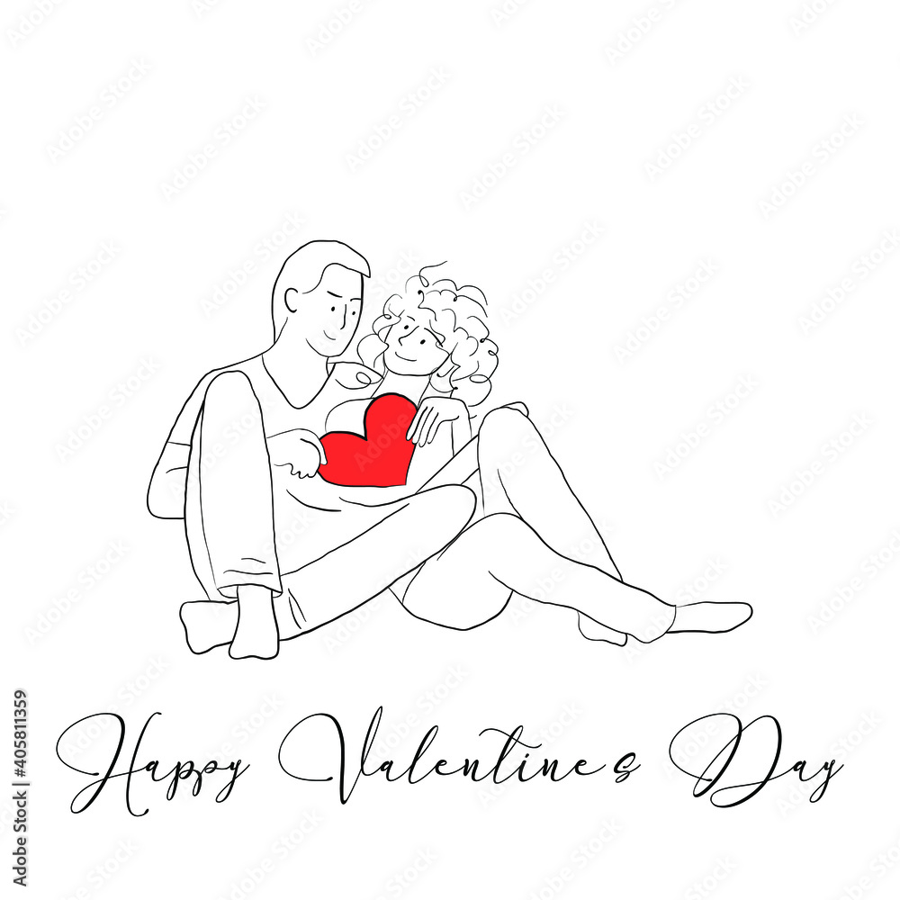 Valentine's day couple. A man hugs a woman, holding a heart. Outline drawing. Vector illustration Valentine's day couple. A man hugs a woman, holding a heart. Outline drawing. Vector illustration