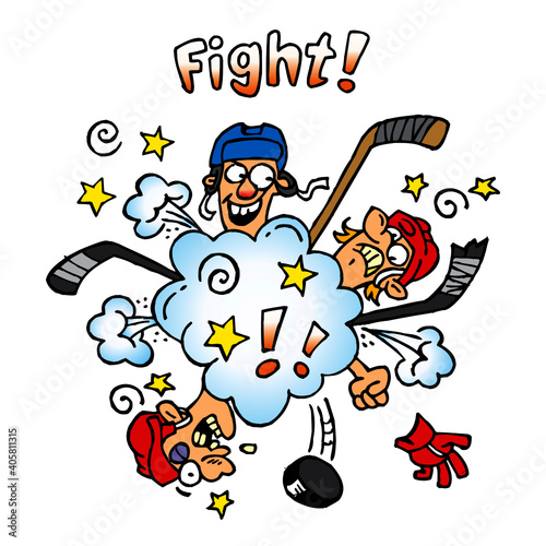 Hockey players fighting with fists and hockey sticks, they are rude and foul, text fight, winter sport, color cartoon
