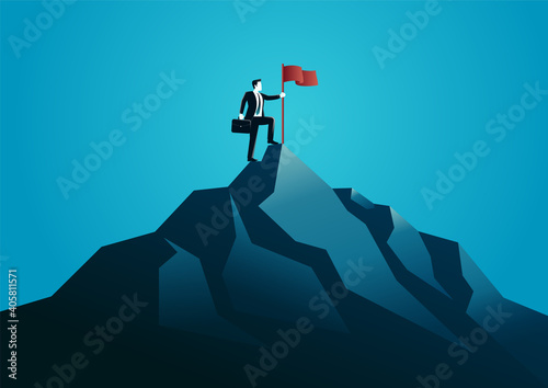 vector illustration of a businessman standing at the top of mountain. describe succession of business. business concept illustration