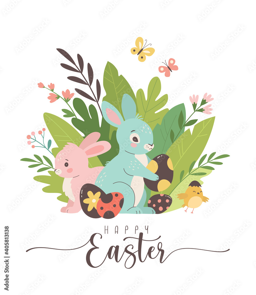 Happy Easter greeting card. Vector illustration of cute cartoon pink and blue bunnies with Easter eggs sitting among the plants. Isolated on white Happy Easter greeting card. Vector illustration of cute cartoon pink and blue bunnies with Easter eggs sitting among the plants. Isolated on white