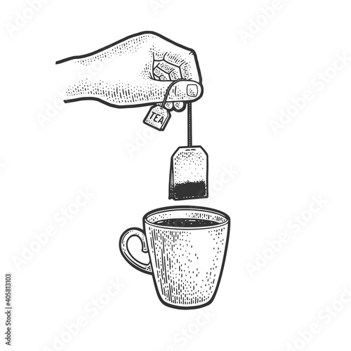 hand brews tea bag in cup sketch engraving vector illustration. T-shirt apparel print design. Scratch board imitation. Black and white hand drawn image.