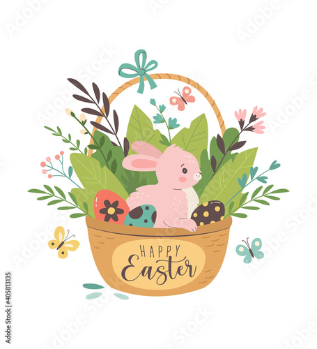 Happy Easter greeting card. Vector illustration of cute cartoon pink rabbit in the basket with Easter eggs and plants leaves. Isolated on white