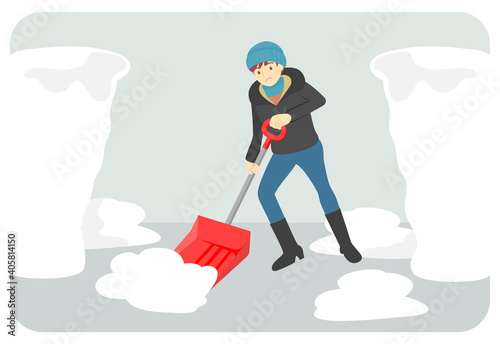 雪かきをしている男性のイラスト／Illustration of a man shoveling snow