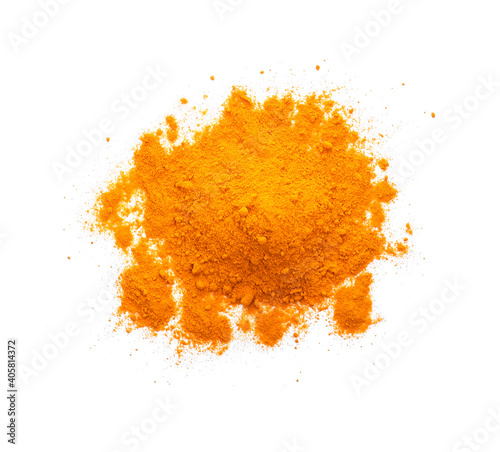 Turmeric powder isolated on white background, indian spice,healthy seasoning ingredient for vegan cuisine concept.