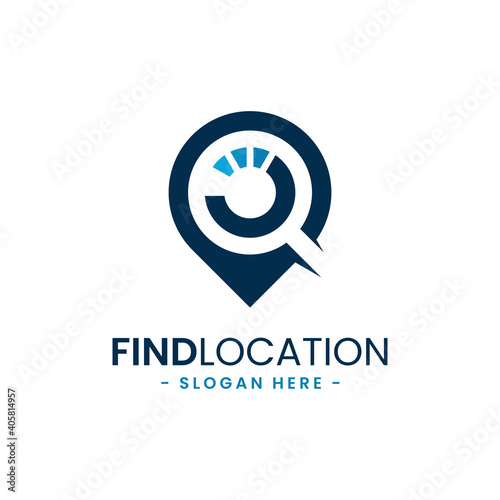 Find location logo design template. City locator. Pointer and loupe or magnifier icon vector combination. Creative gps map point location symbol concept.