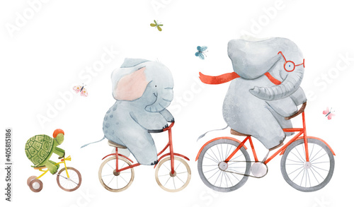 Canvas Print Beautiful stock illustration with watercolor hand drawn cute elephants and turtle on bikes
