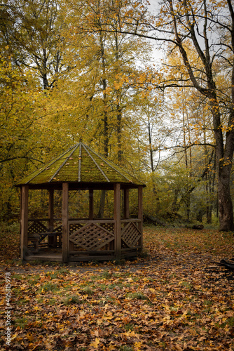 Old moss-covered gazebo in an autumn park.