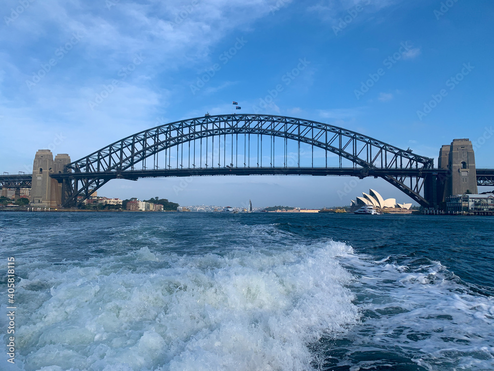 View of sydney harbour from the bac of a cruise boat 