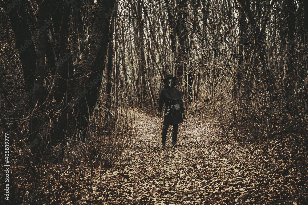 Naklejka premium forest, nature, tree, people, outdoor, walk, trees, plague, disease, doctor, help, covid-19, cosplay, costume, Church, black, mask, Raven, cross, oppression