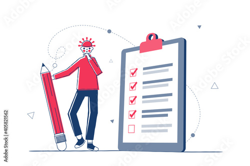 Businessman character holding pencil and big checklist with tick marks. Goals planning and strategy business concept. Vector illustration for graphic design or business content background