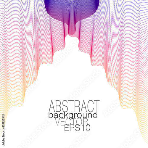 Purple, deep pink, yellow veil hangs down in beautiful folds. Flowing fabric. Colored draped textile, white background. Theater curtain. Line art design. Vector abstract pattern. Subtle curves. EPS10