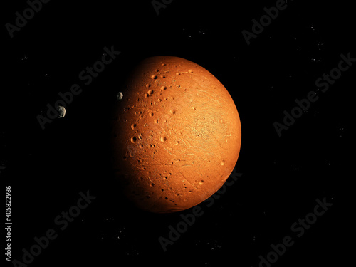 Satellites asteroids near the red planet. Asteroids orbiting a rocky planet. Space landscape. 