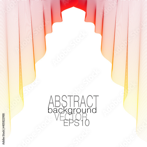 Bright red, yellow silk textile hangs down in elegant folds. Thin lightweight flowing fabric. Draped veil, white background. Theater curtain. Line art design. Vector abstract pattern. Subtle curves