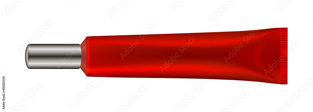 Metallic red tube with long cap. Realistic 3d tube. Vector illustration. Salve or ointment. Concealer or face foundation. Serum packaging. Metal and plastic.