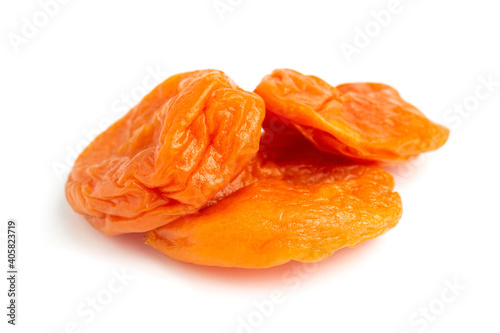 Dried apricots fruit, isolated on white background, close up view