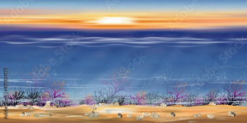 Underwater in deep sea blue on island,Panorama bottom of ocean with sun ray shining on underwater creatures,coral reefs,seaweed and shell in natural habitat,Vector horizon marine sea life background