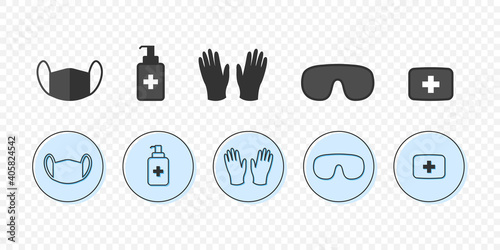 Personal protective equipment. Save yourself from viruses. Medical mask, latex gloves, soap, dispenser, protective glasses. Protective accessories. Vector illustration